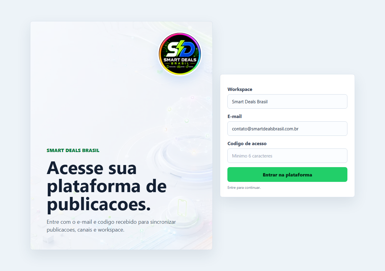 Tela de acesso do Smart Deals Brasil com campos de workspace, e-mail e código